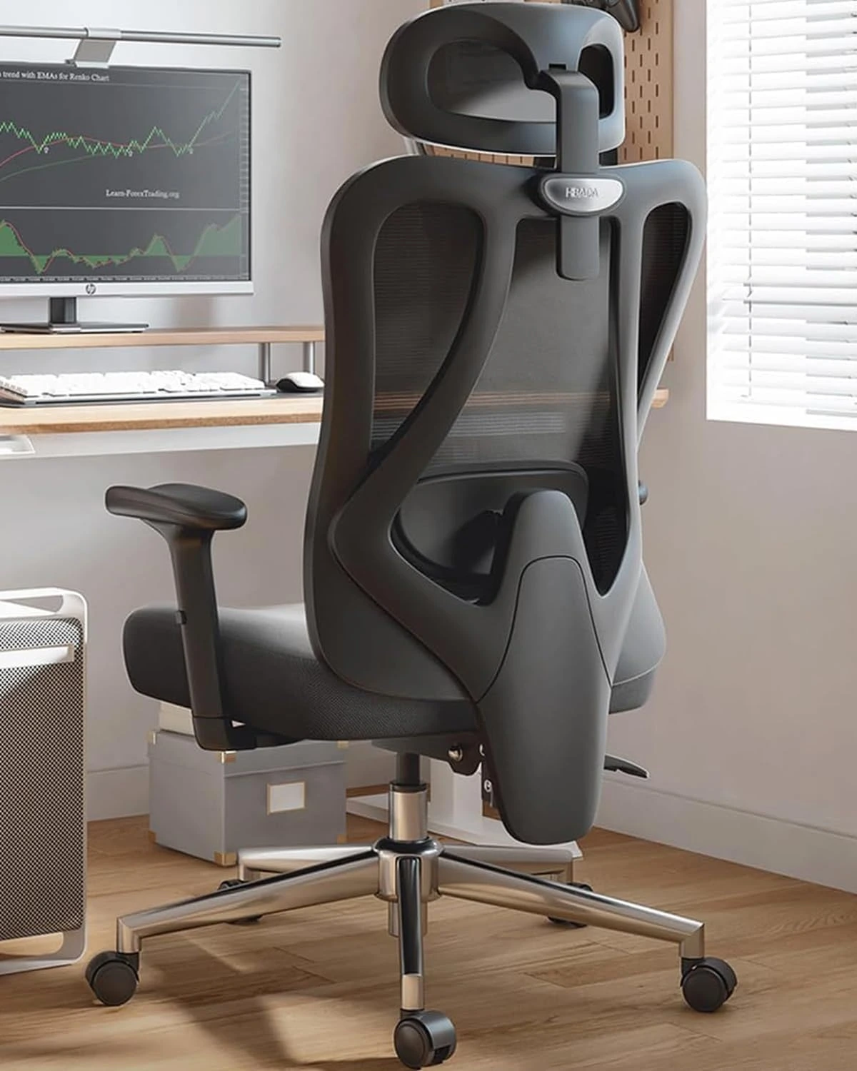Low-cost ergonomic office chair with flip-up armrests and swivel base