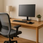 Minimalist home office with ergonomic chair and wooden desk in natural light