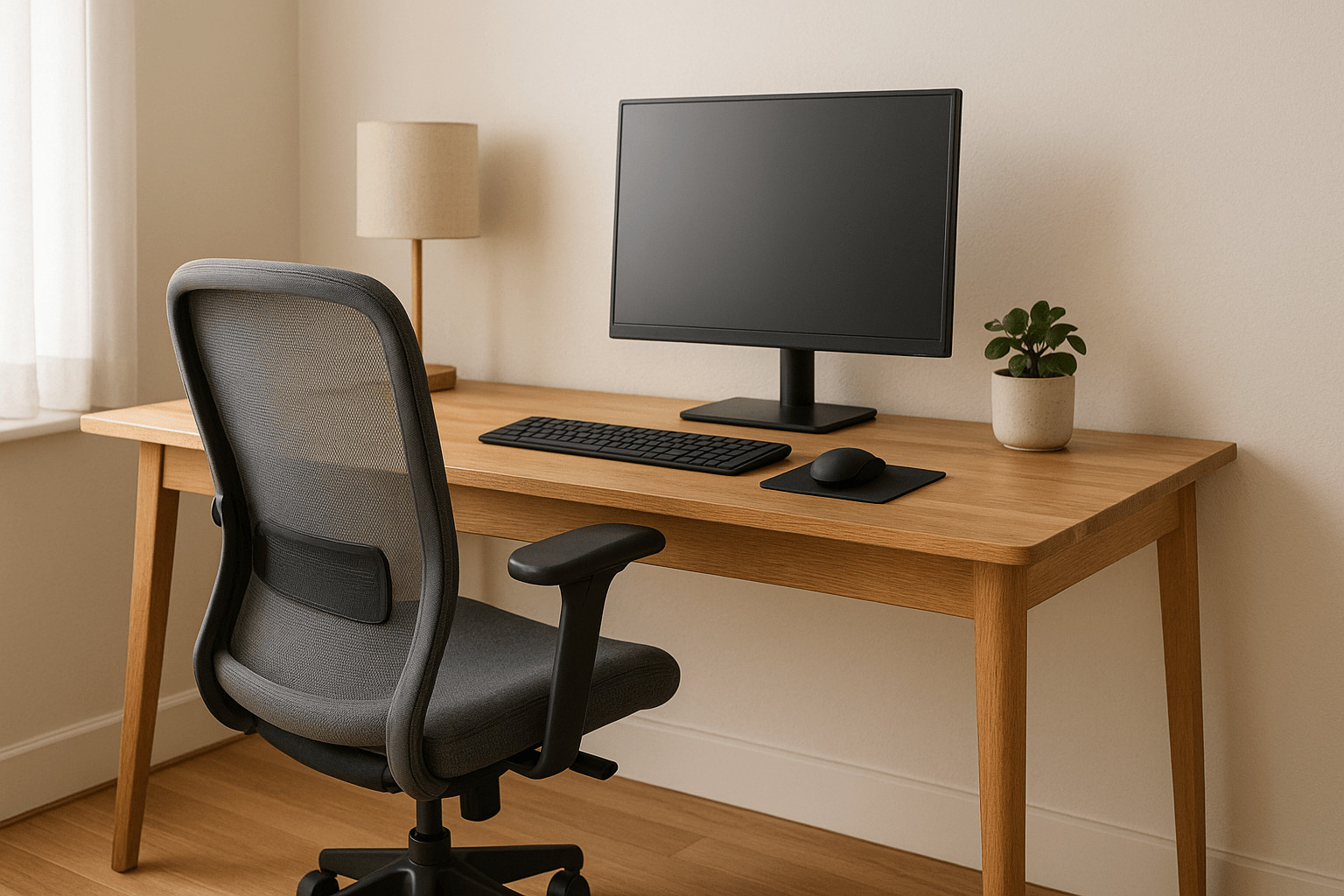 Minimalist home office with ergonomic chair and wooden desk in natural light Minimalist home office with ergonomic chair and wooden desk in natural light