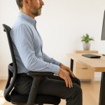 Person working at ergonomic desk setup with monitor at eye level for better posture