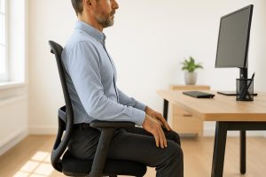 Person working at ergonomic desk setup with monitor at eye level for better posture