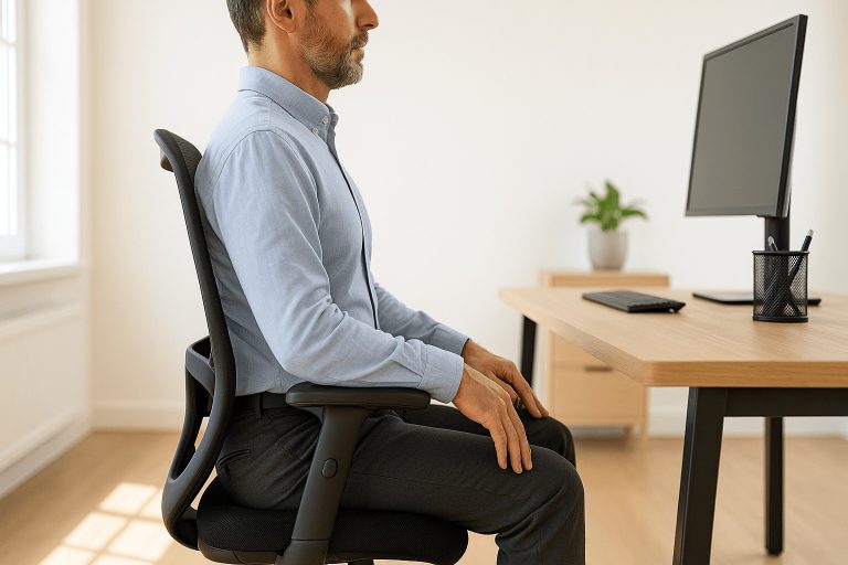 Person working at ergonomic desk setup with monitor at eye level for better posture